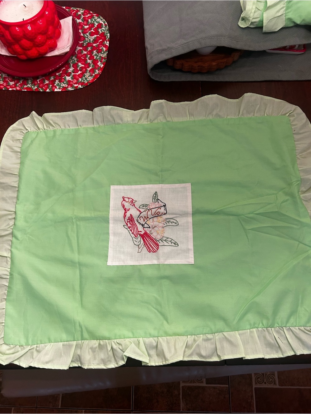 2 Vintage Embroidered Cardinal Pillowcase Shams - Mint Green